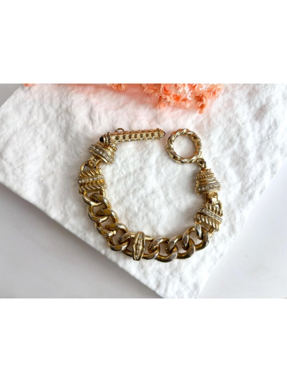 Gold Toned Curb Chain Chunky Rhinestone Accented Vintage 80's Style Bracelet - Picture 8 of 16